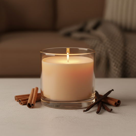 190g warm spice and vanilla scented candle in a clear glass jar